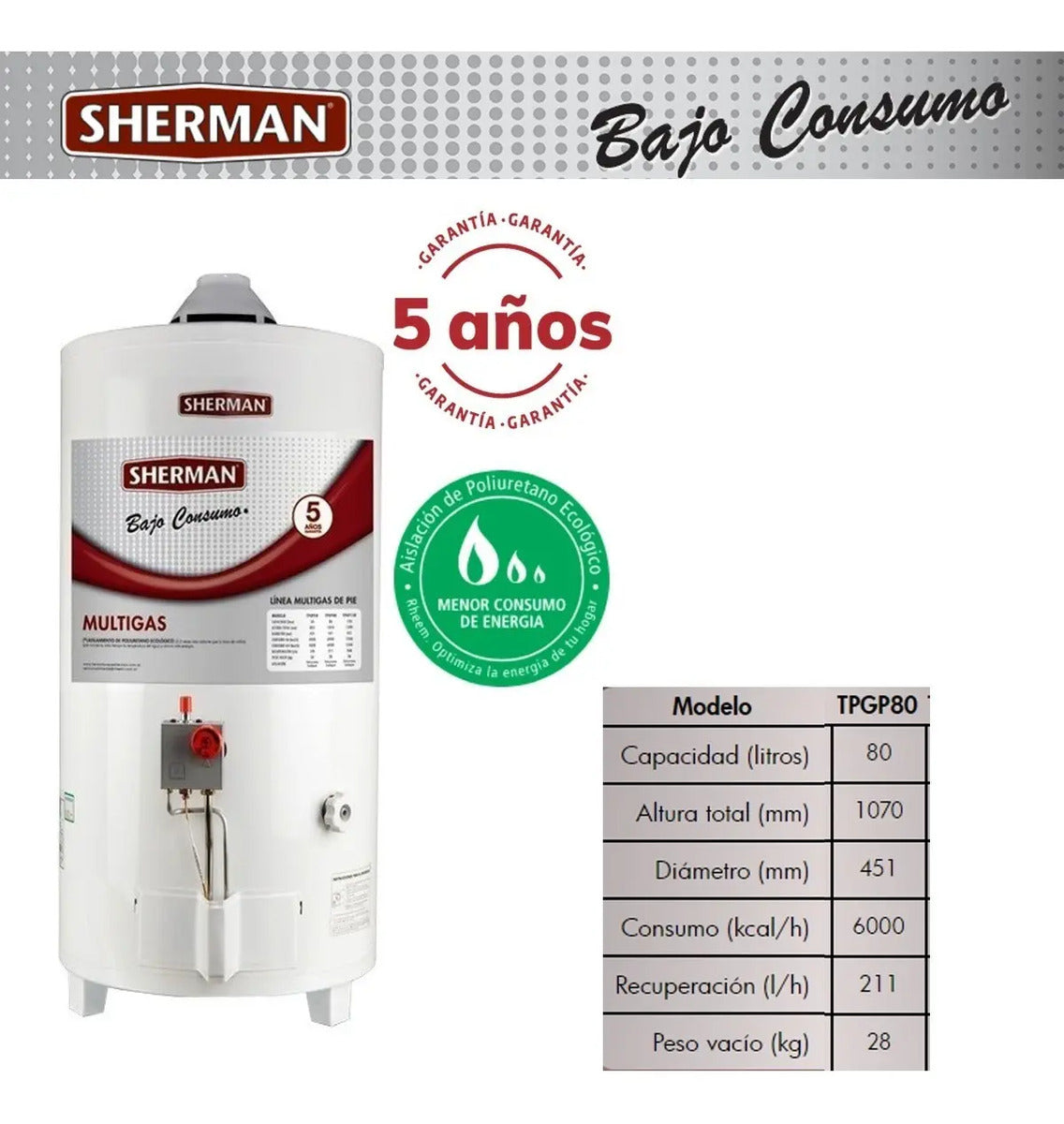 Termotanque Multigas Sherman 80 Litros Gas Tpgp080msh13