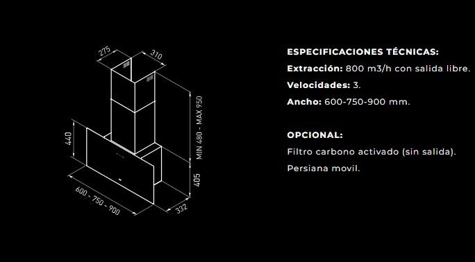 Campana Extractor Cocina Tst Azara 75 Cm Cristal Cod. 340-75 Color Negro