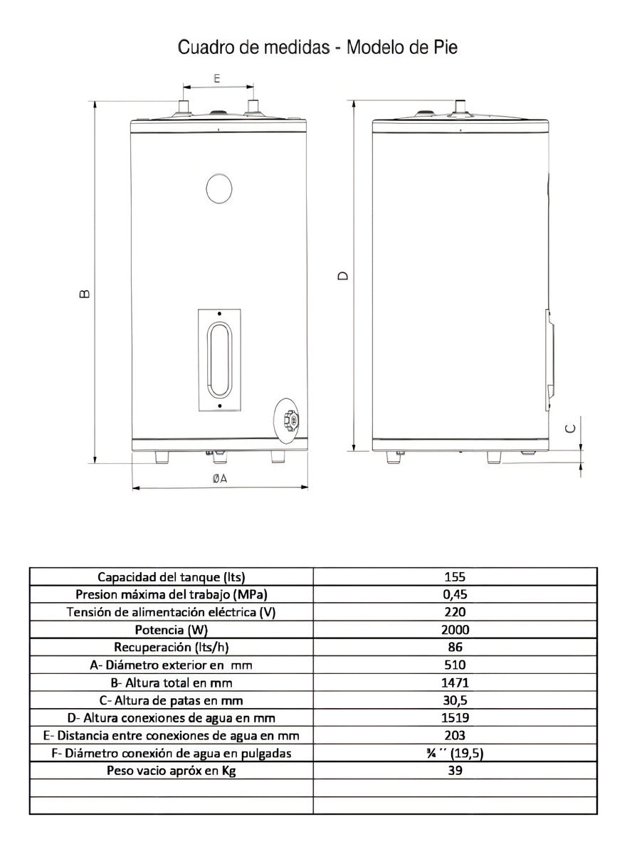 Termotanque Eléctrico Rheem Aee Tep155rh Gris 155Lts Carga Superior