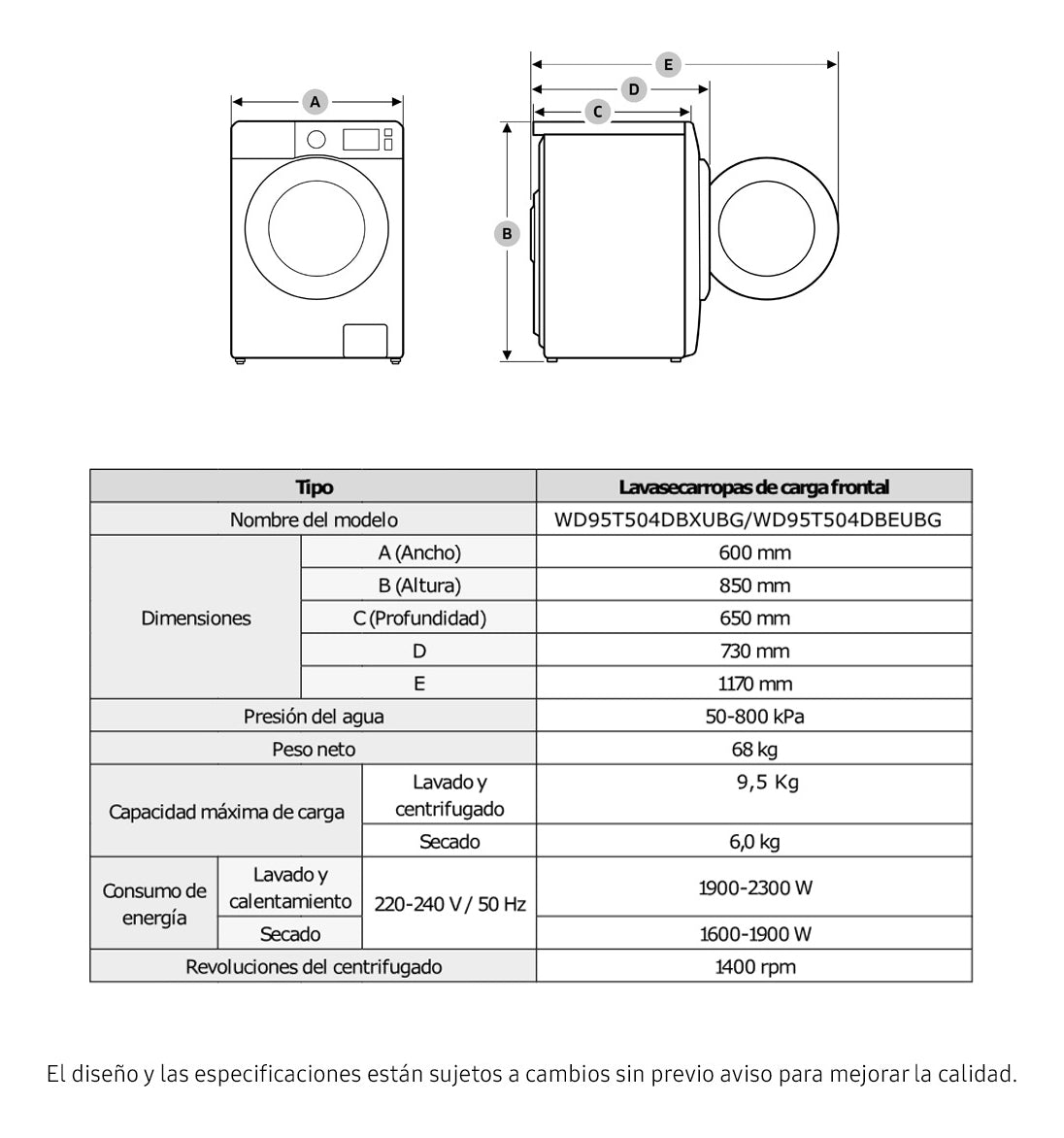 Lavasecarropas Automático Samsung 9.5Kg IA 1400Rpm Inverter WD95T504DBXUBG