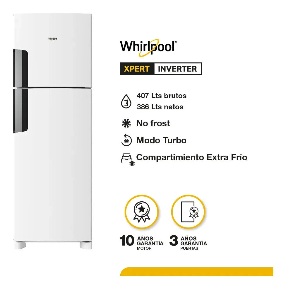 Heladera Whirlpool Inverter No Frost Top Freezer 407/386 Lts Inoxidable Blanca WRM42MBDIM