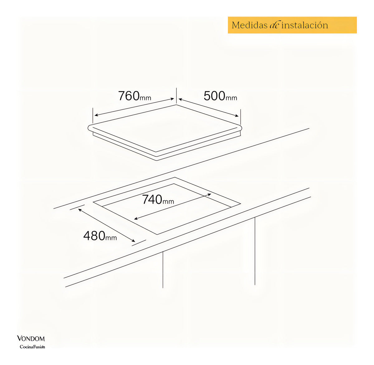 Anafe A Gas Empotrable Vondom Vidrio Templado Negro 76 Cm VAG76N5/HE