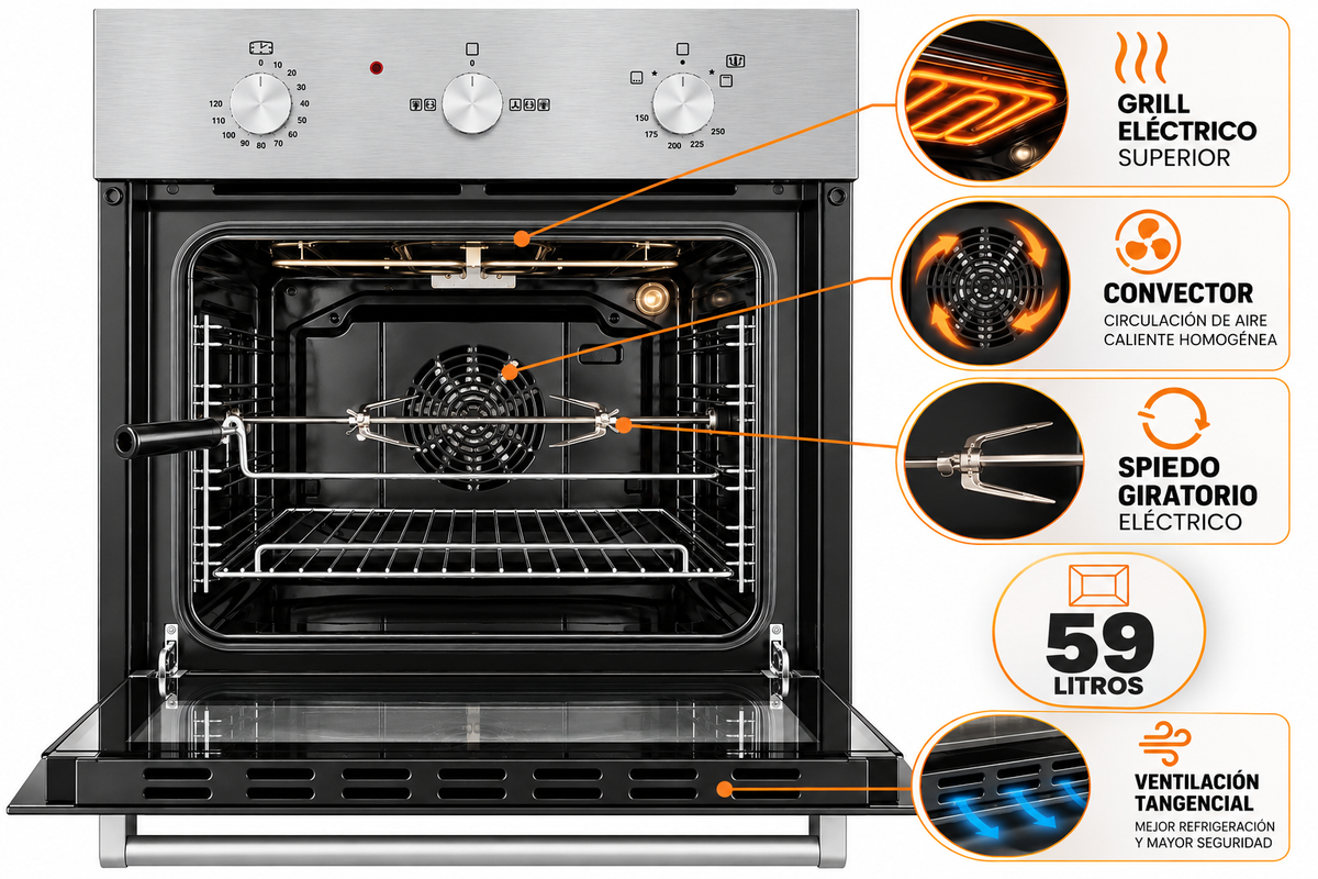 Horno a Gas Empotrable Artei Amantea Acero Inoxidable  Grill Eléctrico Conveccion  y Spiedo GD0467A-0103